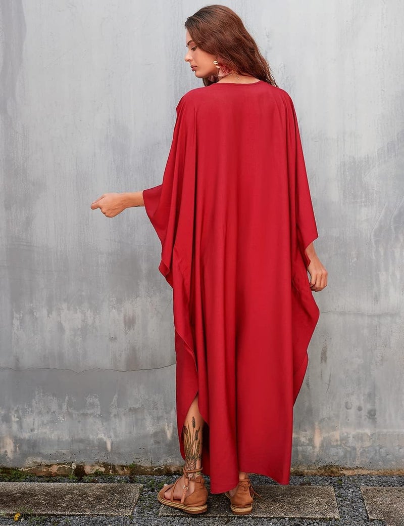 Bsubseach Women Solid Color Cover Up V Neck Batwing Sleeve Plus Size Beach Kaftan Dresses - Image 5